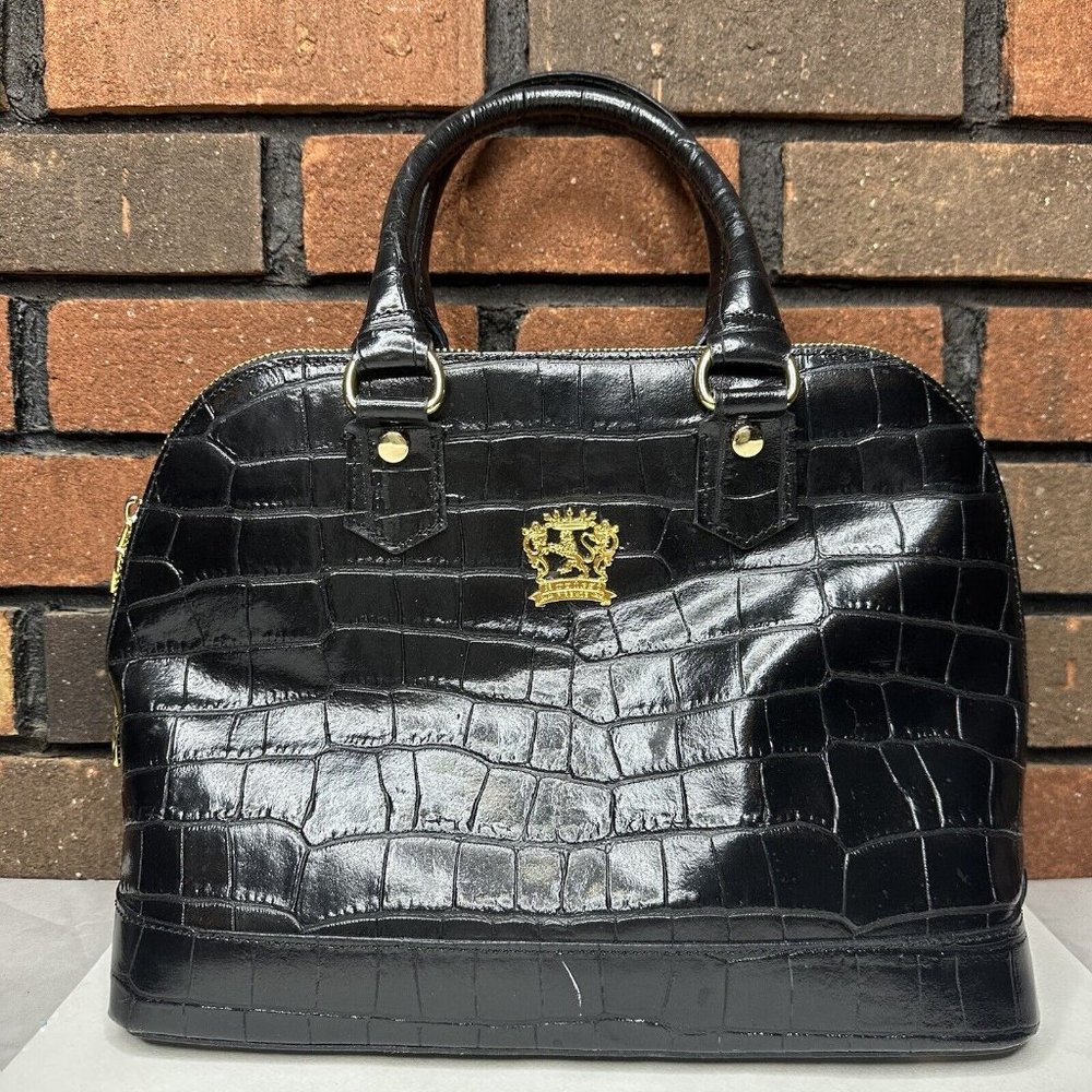 Pratesi Firenze Black Genuine Leather Handbag Croc Embossed Satchel.